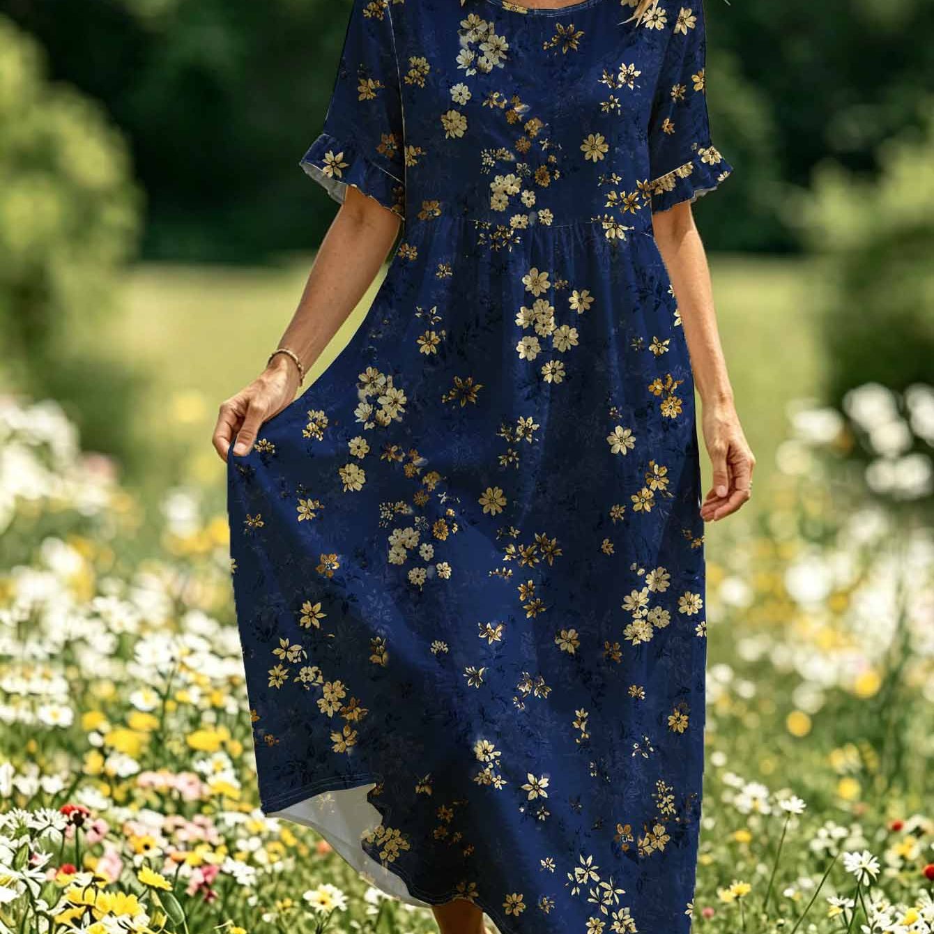 Image of Plus Size, Plus Friendly Women's Round Neck Ruffle Short Sleeve Midi Dress, Soft Comfortable Breathable Fabric Dark Blue Golden Floral Print Loose Flowy Casual Dress