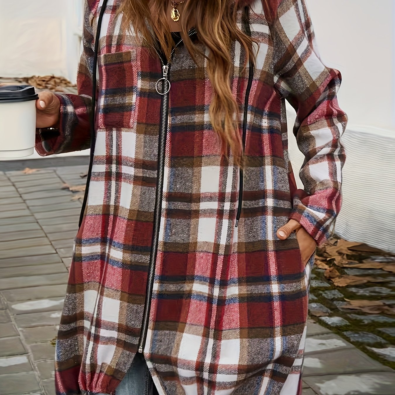 Image of Plus Size, 2025 Women's Casual Loose Color Block Long Sleeve Hooded Jacket, Zip-up Style