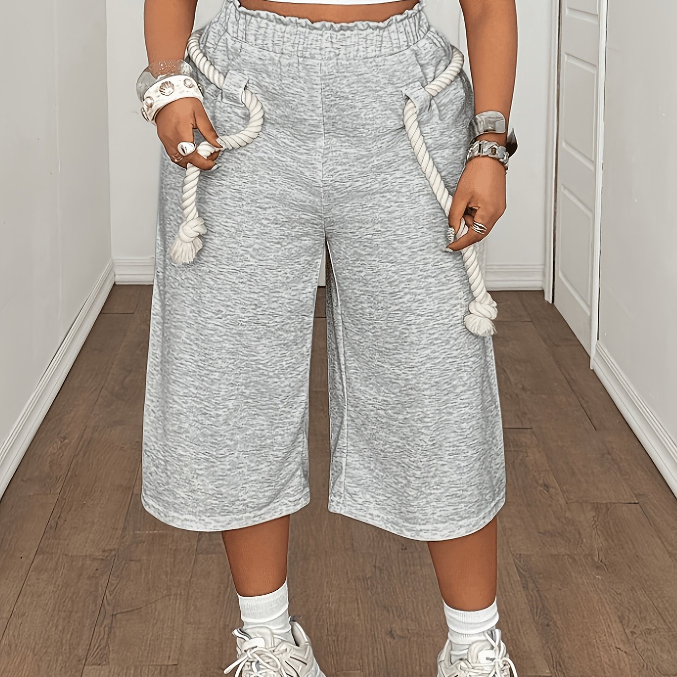 TEMU Plus Size, Plus-size Women's Summer Casual Loose-fitting Knotted Shorts, Suitable For Daily Wear, Parties, And Vacations