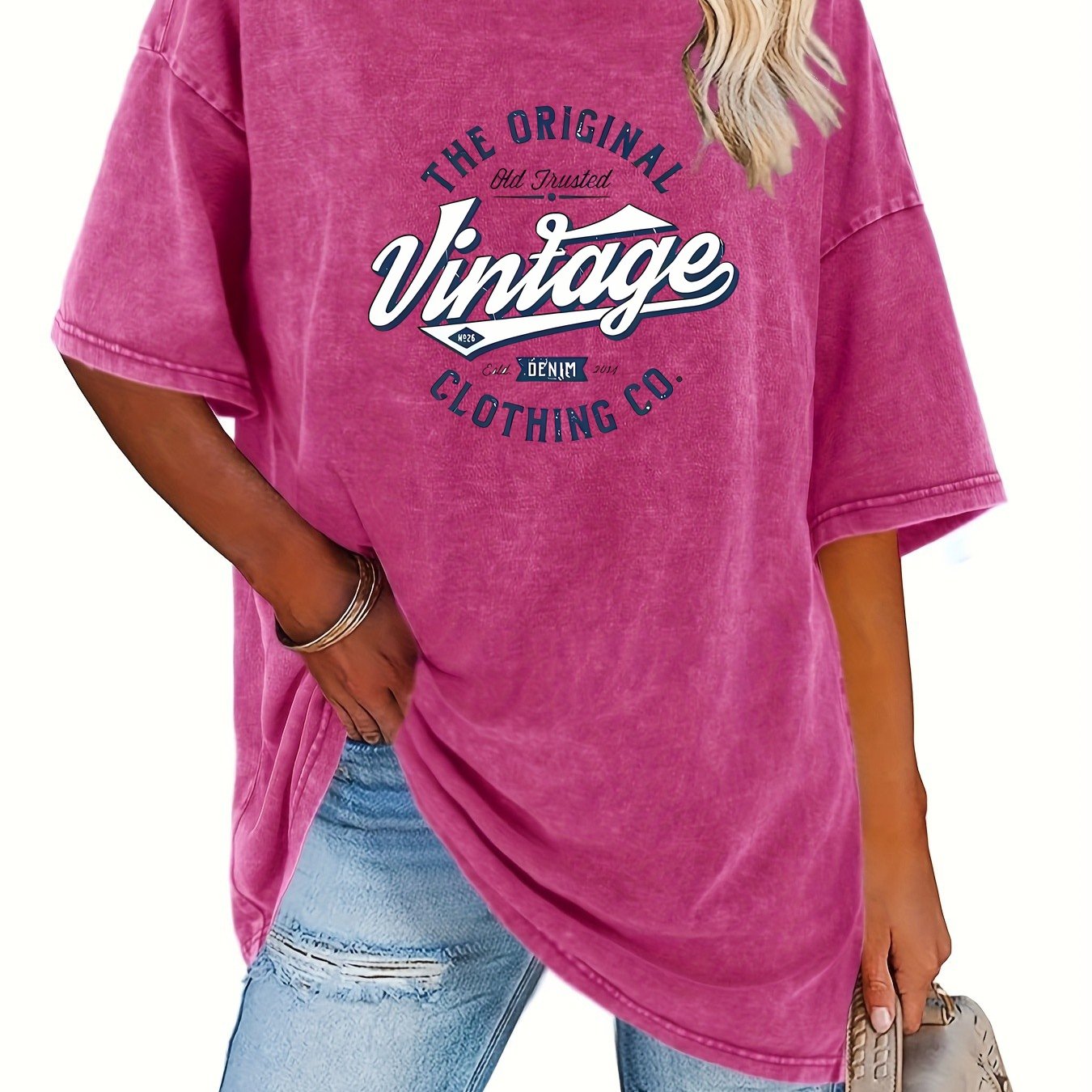 TEMU Vintage Style Women's T-shirt - 230g Heavyweight, Round Neck, Short Sleeves, Retro Urban Fashion, Machine Washable, Ideal For Casual