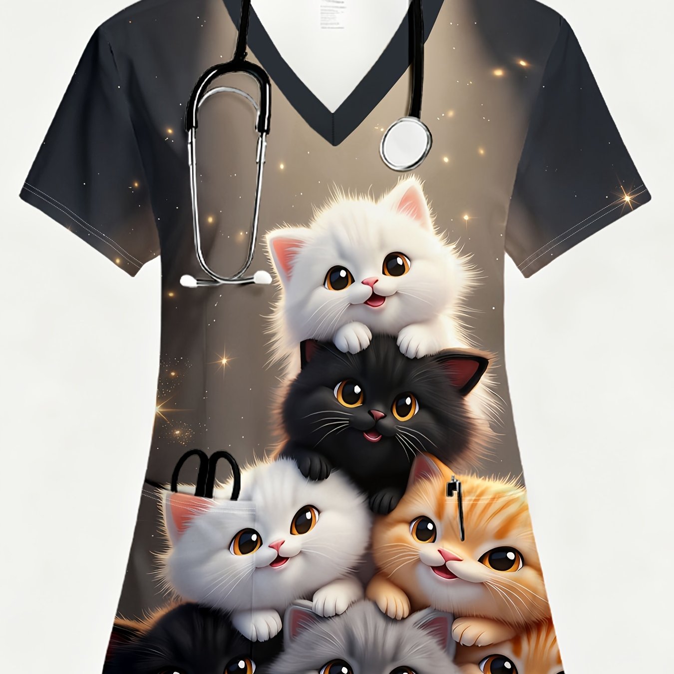 TEMU Women's V-neck Short-sleeve T-shirt With Cute, Fresh-style Print. Comfortable Top, Scrub Top, Or Nursing Uniform Featuring Adorable Cats Stacked