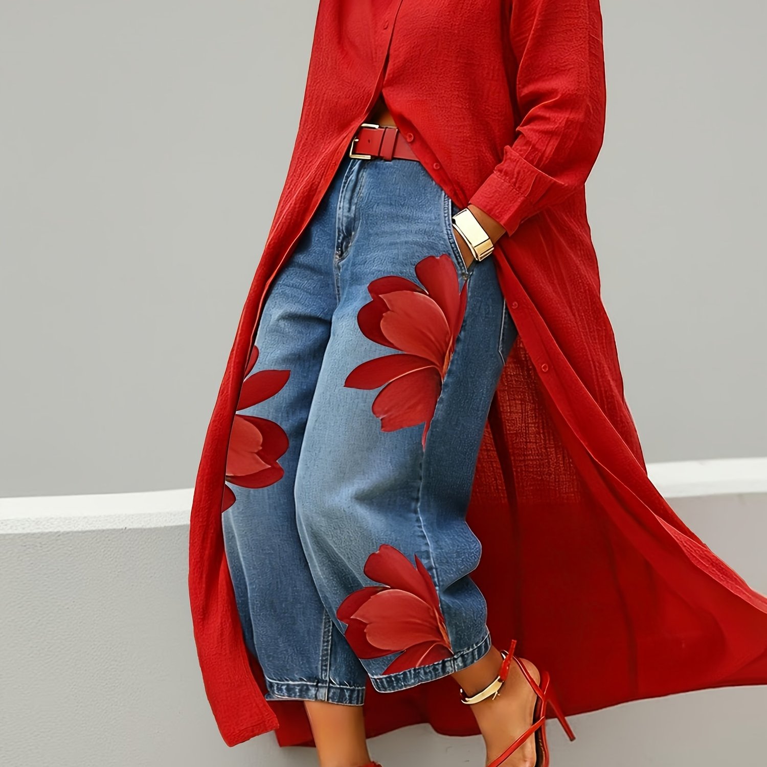 TEMU Women's Red Floral Print Cropped Jeans, Casual High-waisted Wide-leg Denim Jeans, Suitable For Spring, Summer And Autumn.