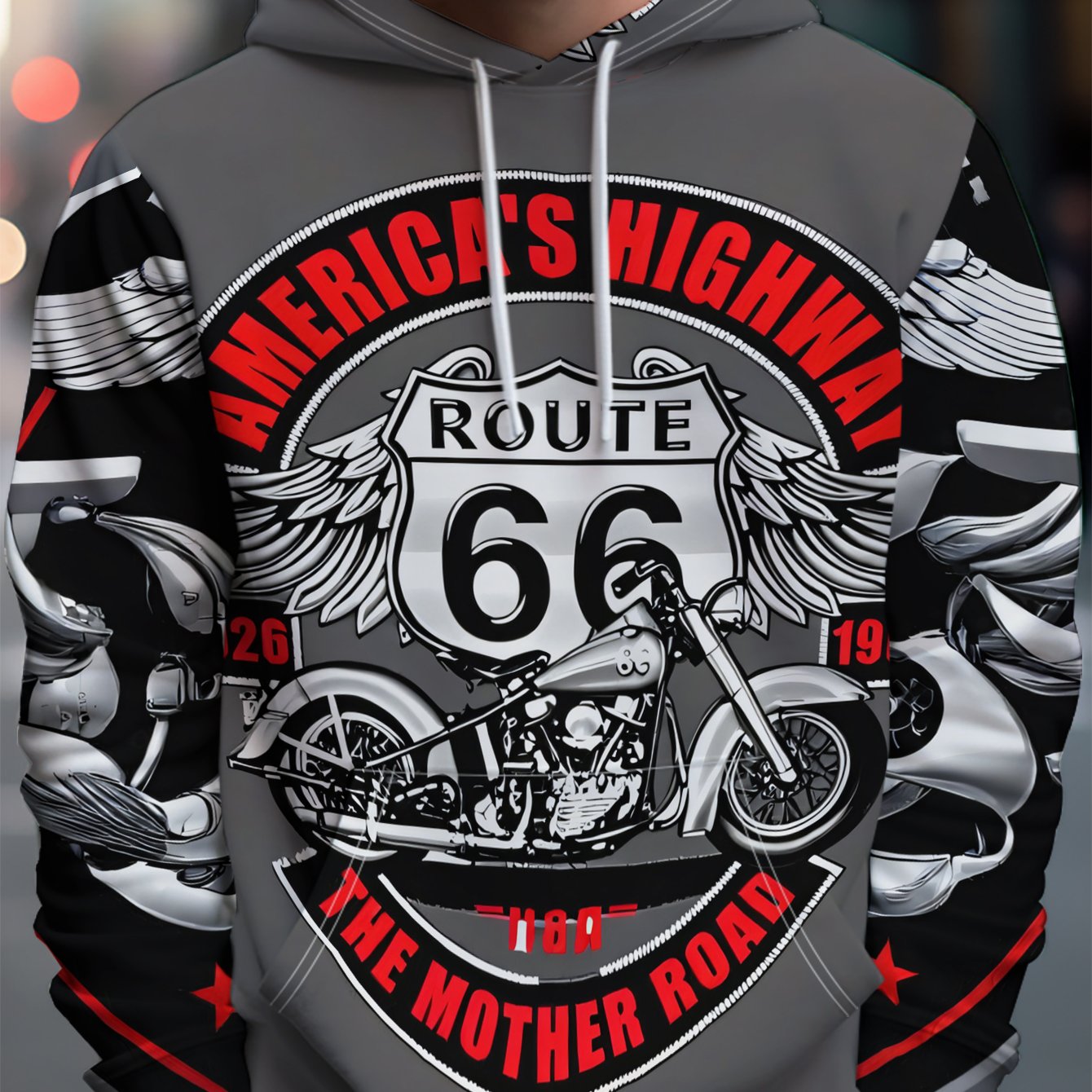 TEMU Fashion Hooded Sweatshirt, Casual Sport Hoodie With Us Mother's Road Motorcycle Logo And Front Pocket - Stretch Blend, Suitable For Spring And