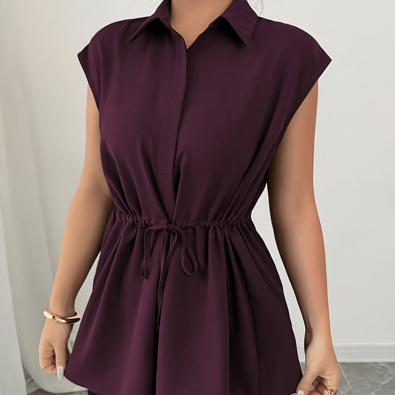 TEMU Women's Casual Lapel Sleeveless Drawstring Waist Top, Shoulder Sleeve Blouse