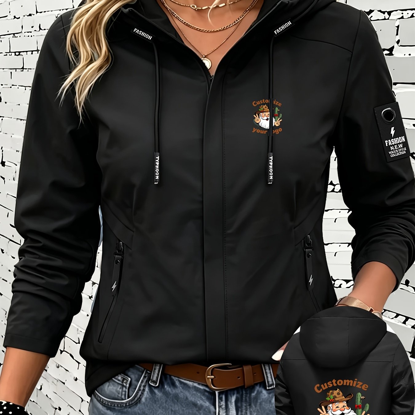 TEMU Women's Custom Hooded Windbreaker Diy Print Individual Casual Jacket, Outdoor Warm And Good-looking