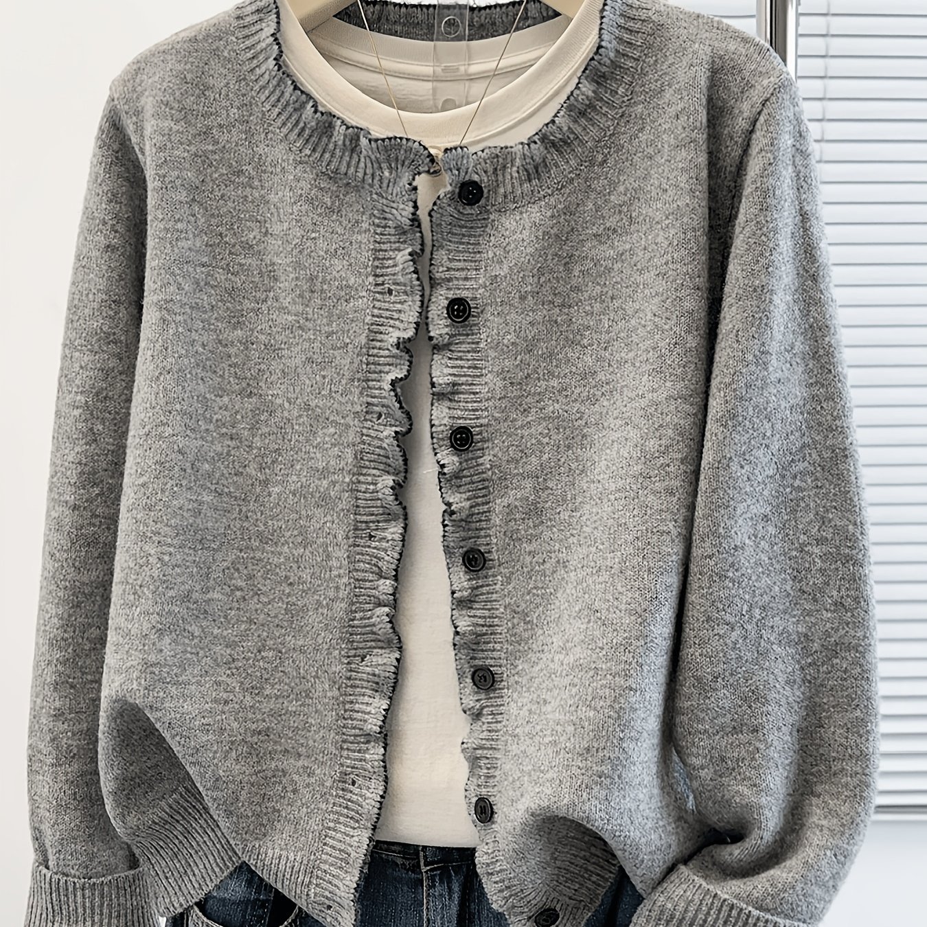 TEMU Ruffle Trim Button-front Sweater Cardigan, 2026 Fall/winter New Long-sleeve Casual Cropped Women's Cardigan, Stylish And Versatile 's Clothing