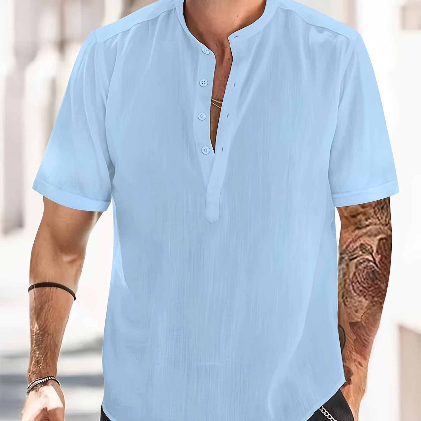 Men's Solid Short Sleeve Stand Collar Button Henley Shirt - Temu