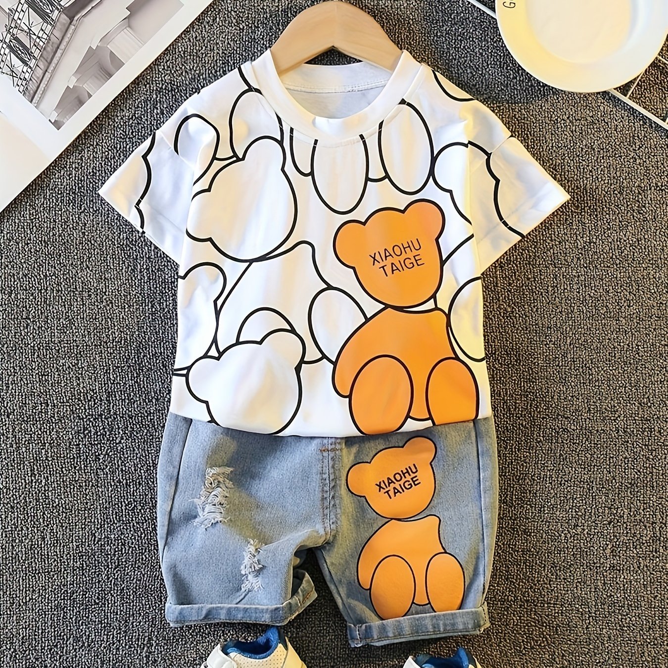 Image of Hibobi Cartoon Print Long Sleeve T-shirt With Denim Shorts, Perfect For Outdoor
