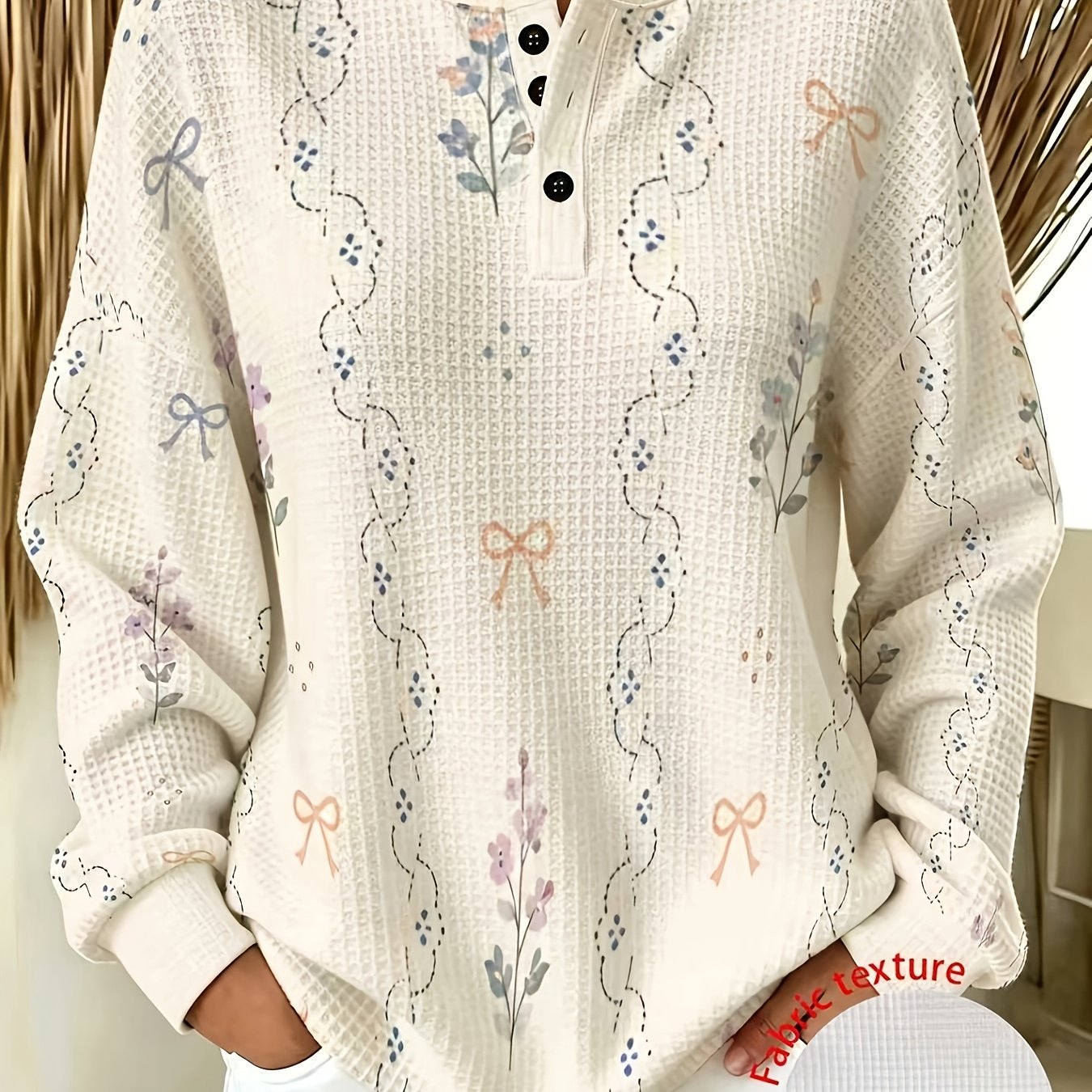TEMU Plus Size, Henley Collar Button-up Half-open Front Long Sleeve Top, Waffle Fabric, Print Long Sleeve T-shirt Crew Neck Casual Waffle Pullover,