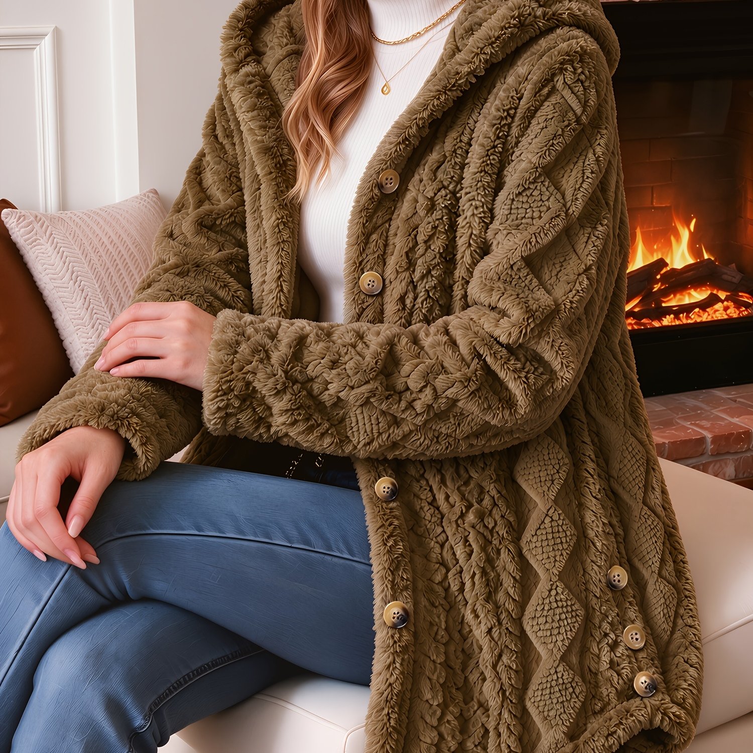TEMU Cárdigan elegante con capucha de jacquard, , para otoño e invierno, ropa de abrigo casual
