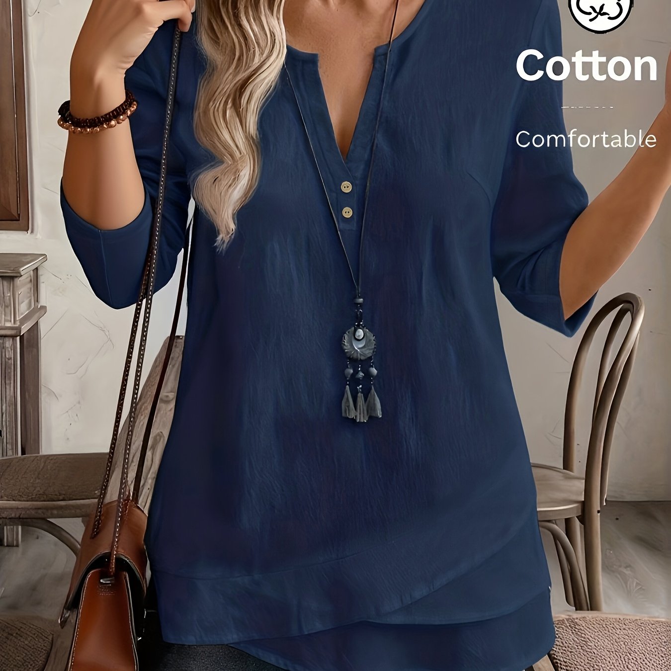 Plus Size, Plus Size Women's Spring, Summer, And Autumn Apparel, Notched V-neck Long Sleeve, Solid Color Asymmetrical Casual Top, Crew Neck Regular Fit Shirt Top (accessories Not Included)