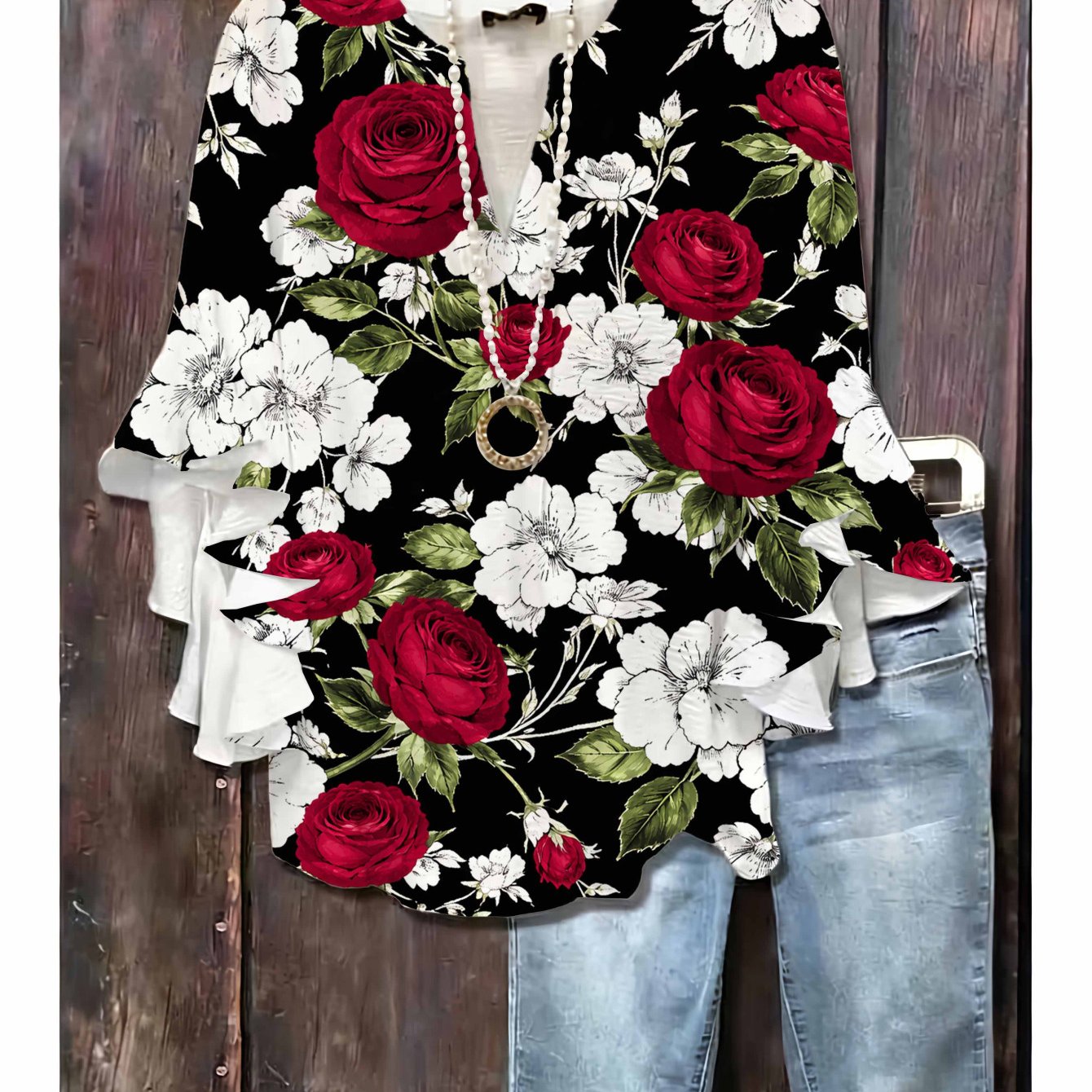 Image of New Arrival Streetwear Retro Hong Style Red Rose Color Block Floral Allover Print Ruffle Sleeve Top Summer Cool Comfortable Versatile Design Women Top