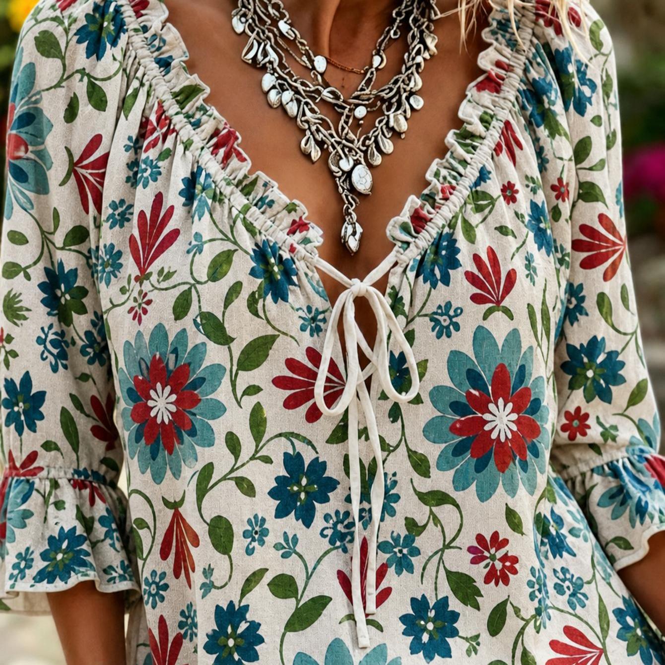 Image of Plus Size, Plus Sized Women's Bohemian-style V-neck Loose Mid-length Top Boho Floral Plus Size Long Sleeve Blouse For Daily Wear, Vacations, Parties, Weddings And Festival Occasions