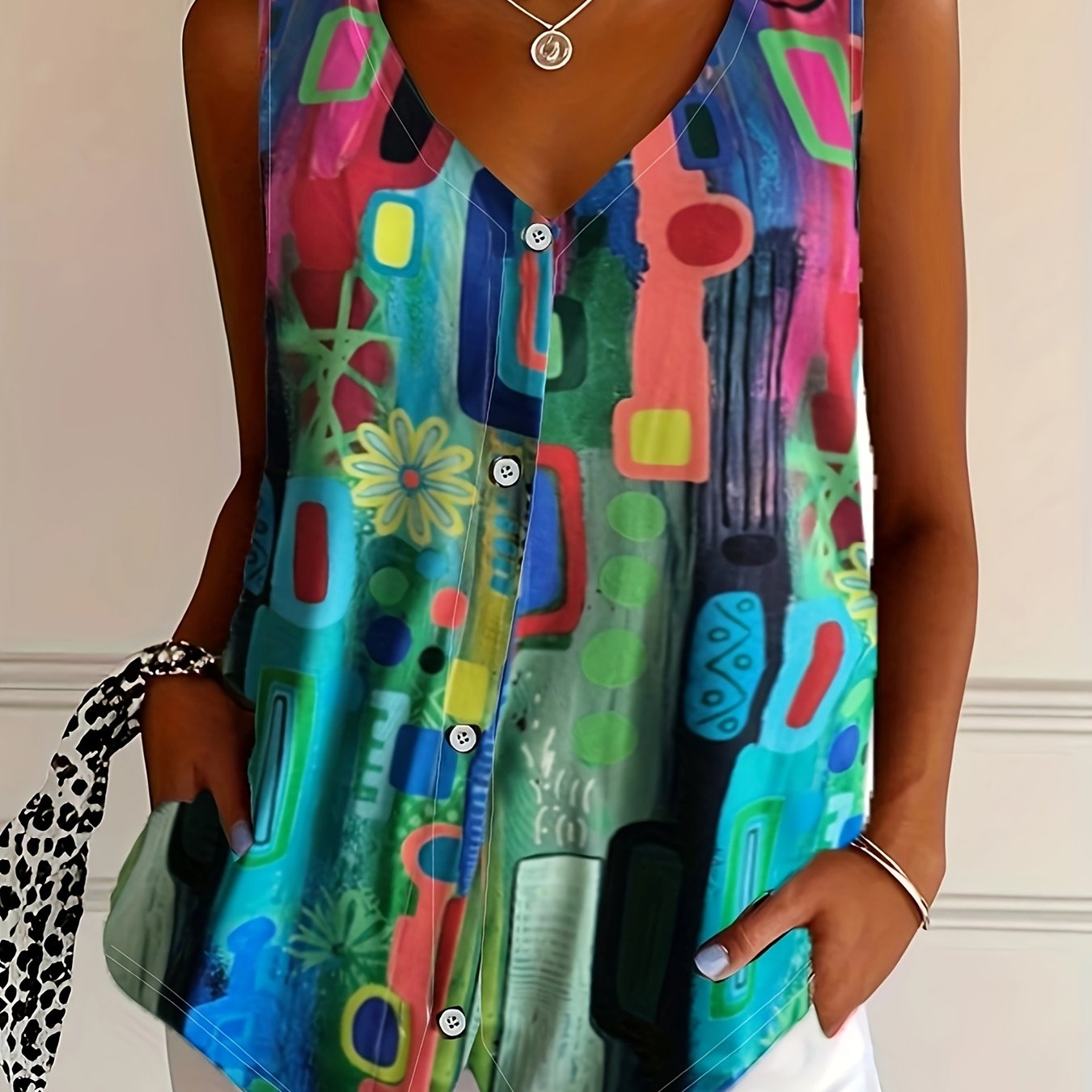 E-shop Plus Size - Plus Size - Ärmelloses Plus-Size-Shirt mit kontrastierendem Graffiti-Druck, Urlaubs-Cardigan-Top