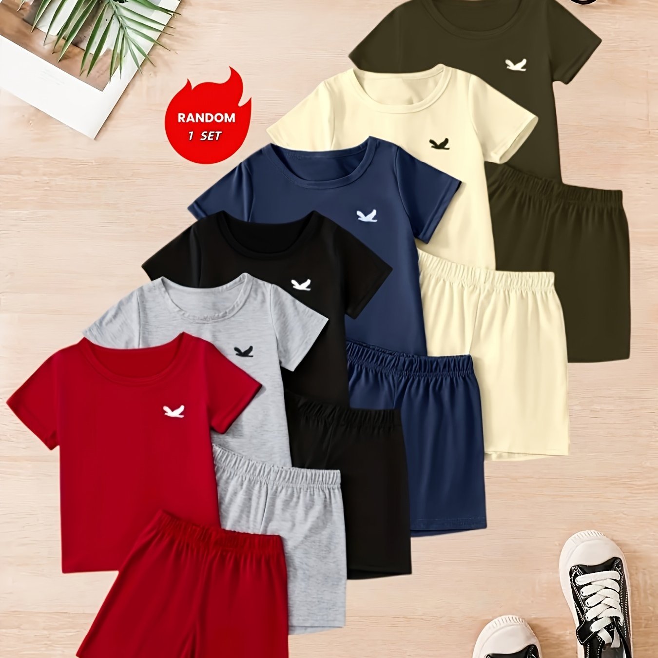 Image of Send 1set Random Boys' Fashionable Eagle Print Short-sleeve T-shirt And Shorts Set. Made Of Fabric, And Wrinkle-resistant, A Summer Essential, For Outdoor, Christmas, Halloween