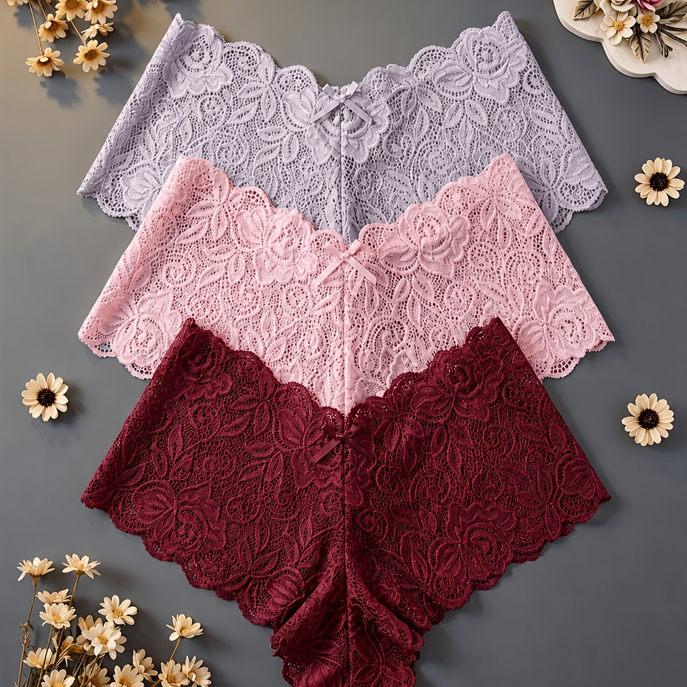 TEMU 3-pack Sexy Lace Briefs, Women's Low-rise Breathable Sheer Square Panties, Pure , Seamless Non-bulging, Comfortable Skin-friendly Triangle