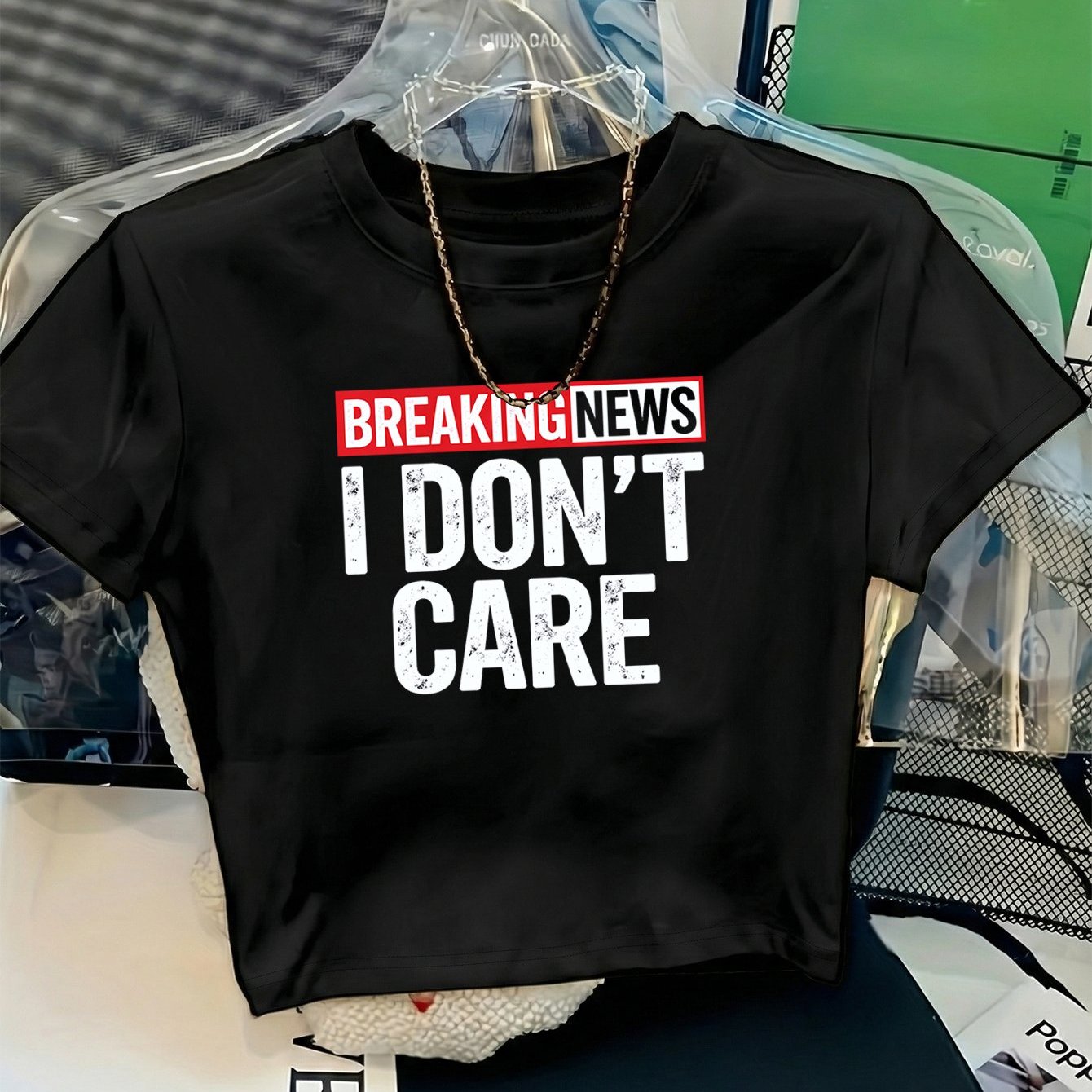 TEMU Women's Spring/summer Y2k Short-sleeve High-waist T-shirt, Printed With " I Dont Care," Versatile Sassy Style, Daily Layering For A Look, Simple