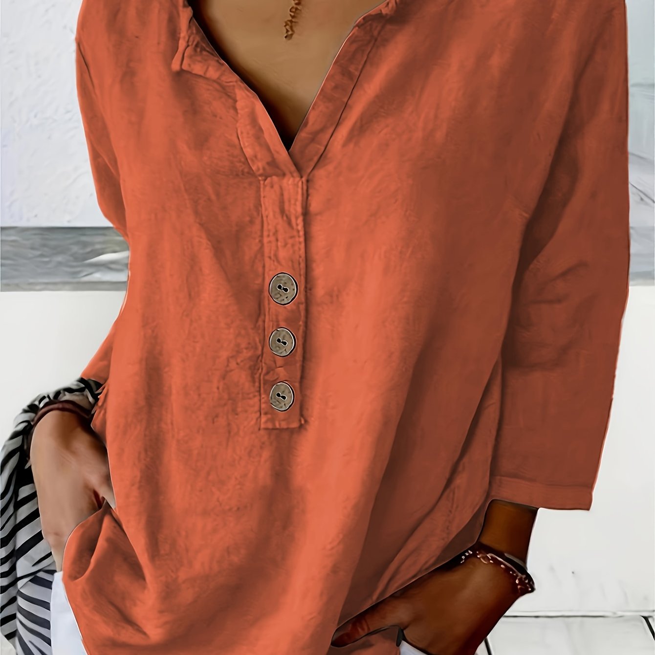 Women's Oversized V-neck Button-front Blouse - Loose Fit Solid Color Shirt Suitable For Women, Casual & Vacation Wear, Machine Washable Button Front V-neck Top