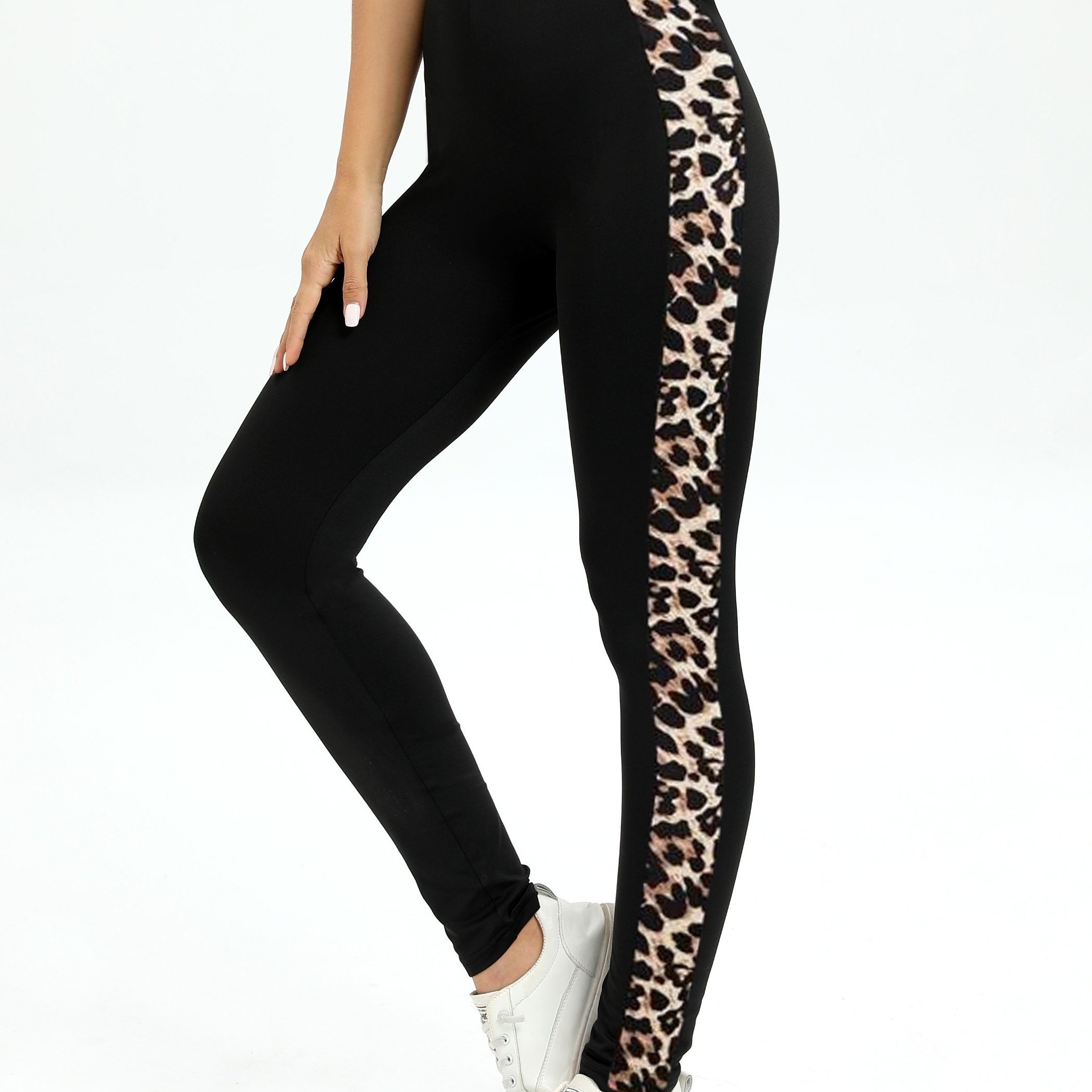 Color Block Leopard Print Skinny Leggings, Casual Elastic Waist Stretchy  Leggings, Women's Clothing