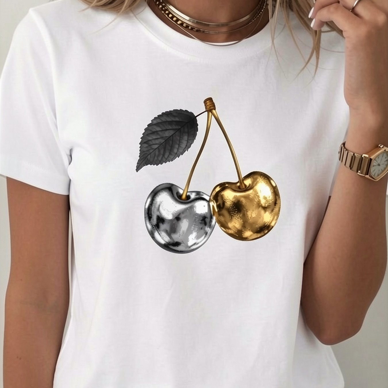 Women's Casual T-shirt - And Summer Short-sleeve Top With Cherry Print, Round Neck T-shirt - Casual And Loose - Perfect For - Pure - 2026 Summer Street Style T-shirts