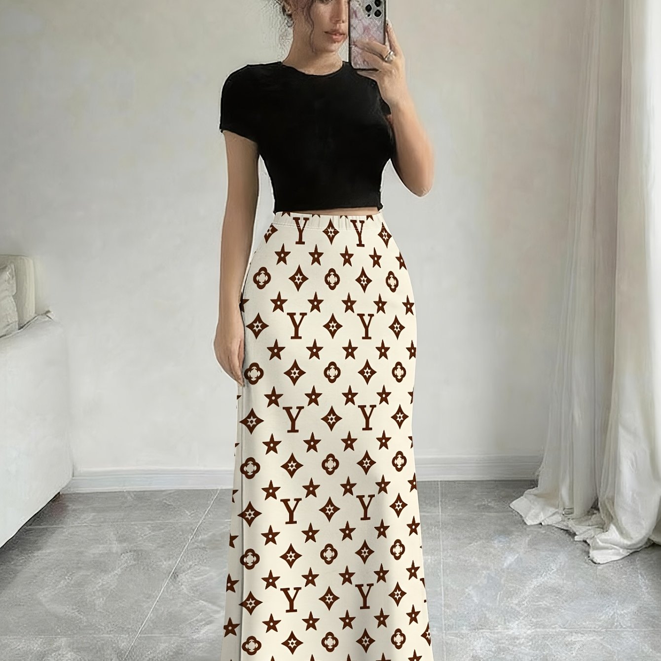 TEMU Women's A-line Midi Skirt With Fashionable Random Print, Elastic Waistband, And Lightweight Fabric, Suitable For Casual Occasions