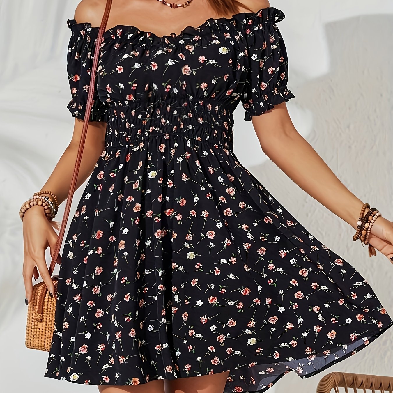 TEMU Off-the-shoulder Floral Dress, French Vintage High-waist Vacation Skirt, Korean Simida Regular Item, A-line Skirt, Wedding Guest Dress, Vacation