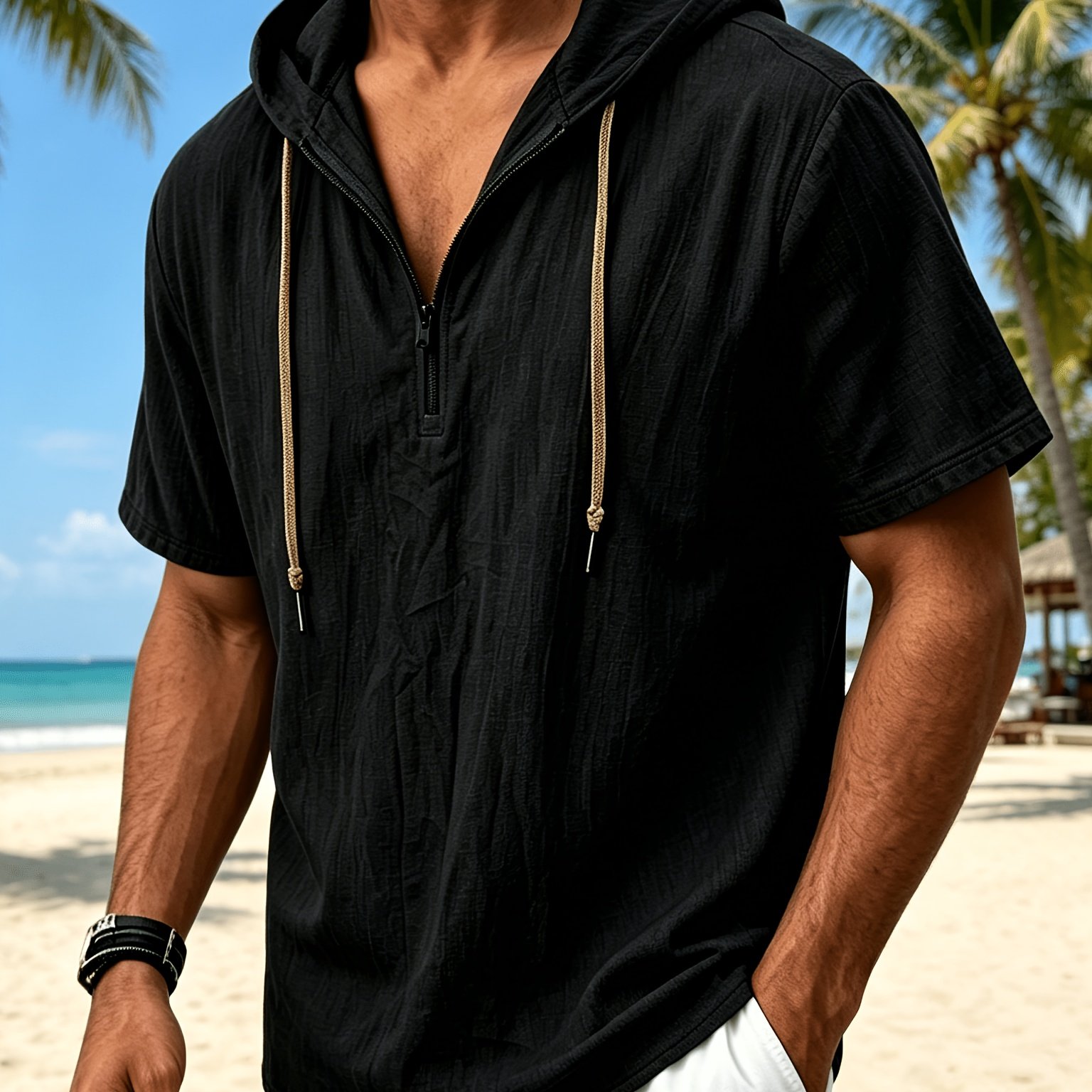 TEMU Men's Breathable Half-zip Hooded Short-sleeve T-shirt - Loose-fit Linen Summer Top With Zipper Collar, Solid Color Casual Beachwear Suitable For