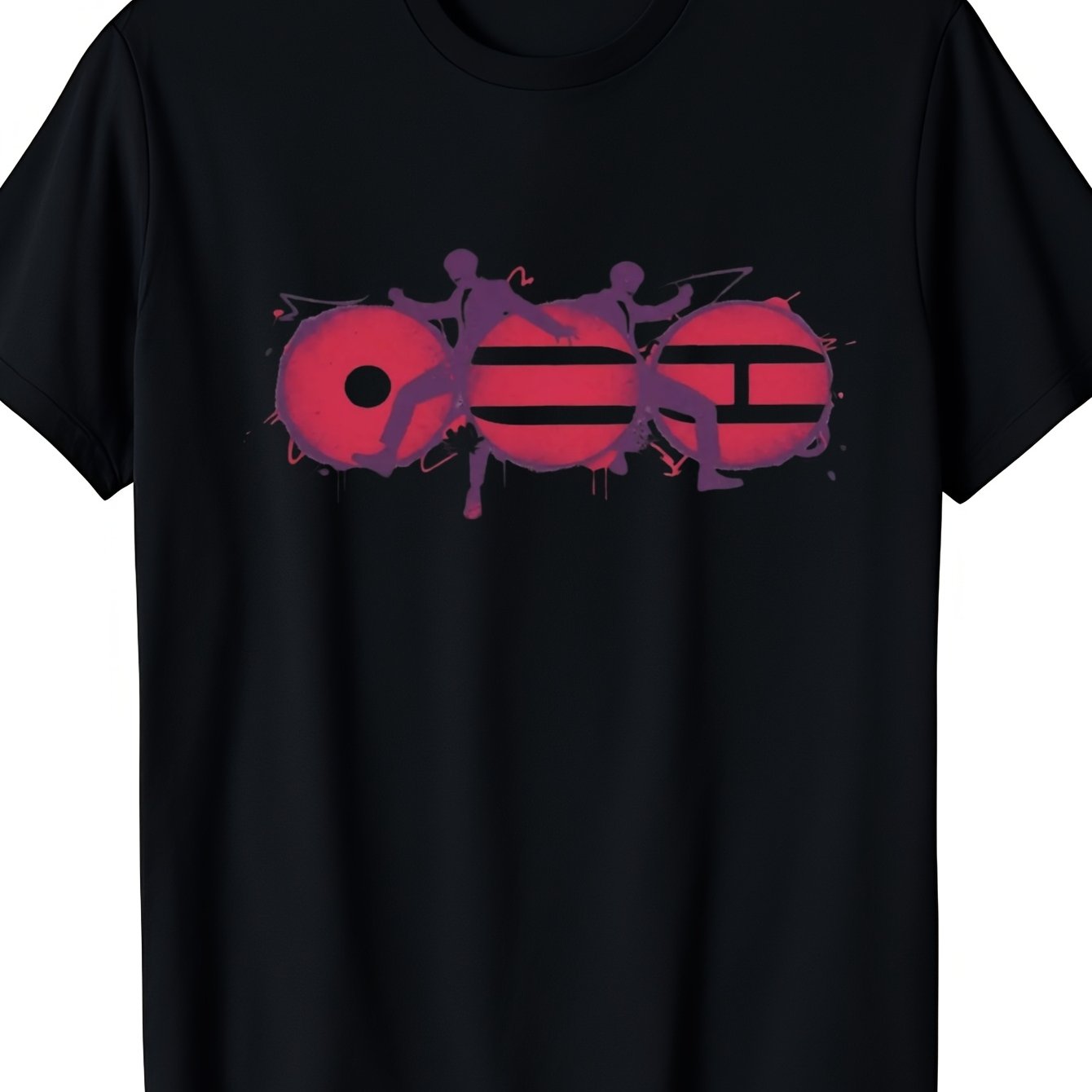 Men's T-shirt Featuring Graphic Design With Abstract Red And Purple Art Showcasing Dancer On Circular Patterns, Perfect For Casual Spring And Summer Wear, An Ideal Gift For Music And