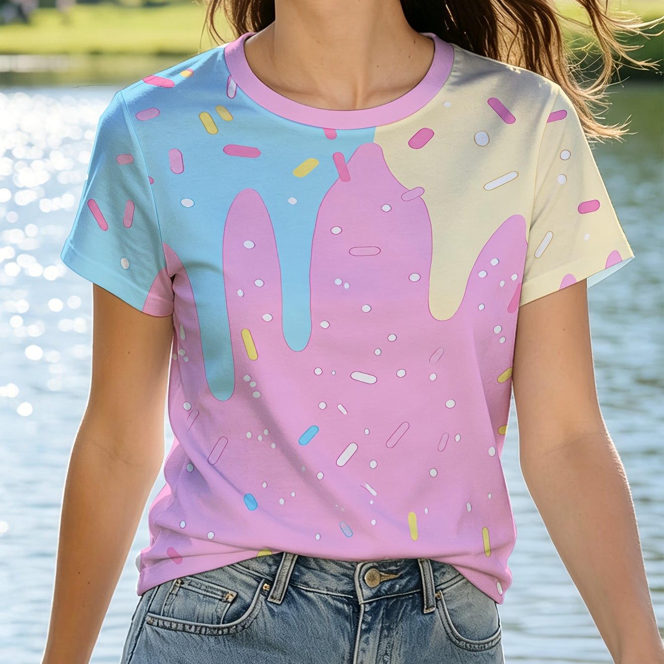 TEMU [printed Design - Not Textured] Women's Short Sleeve T-shirt, With Sprinkles Print, Fresh And Colors