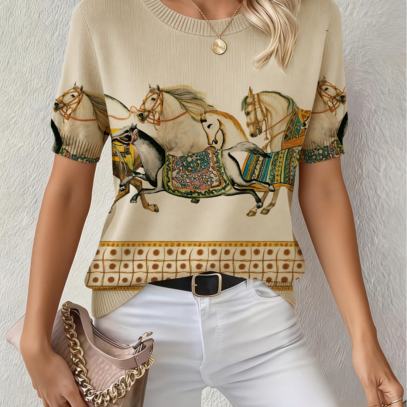 TEMU Women's Round Neck Fabric Pullover Short Sleeve Top, /summer Style, Loose And Relaxed Fit With An Inherent Elegant Aura, Printed Design -