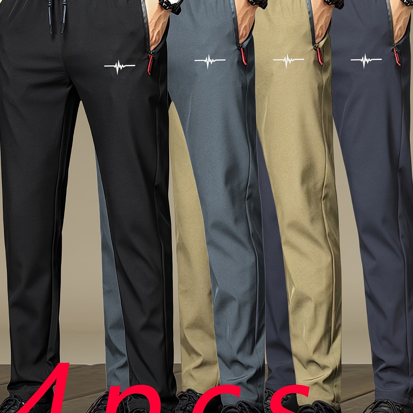 Image of 4pcs Men's Casual Pants, Summer Athletic Trousers With Zippered Pockets, Fashion Print, Polyester Mid-rise Regular Length Pants, Suitable For Summer, Outdoor Hiking, Men's Gift