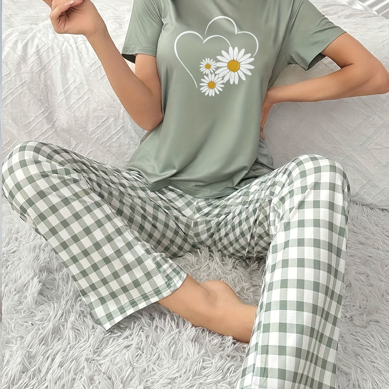 Casual Women' Checkered Chrysanthemum Short And Long Women's Pajamas Set