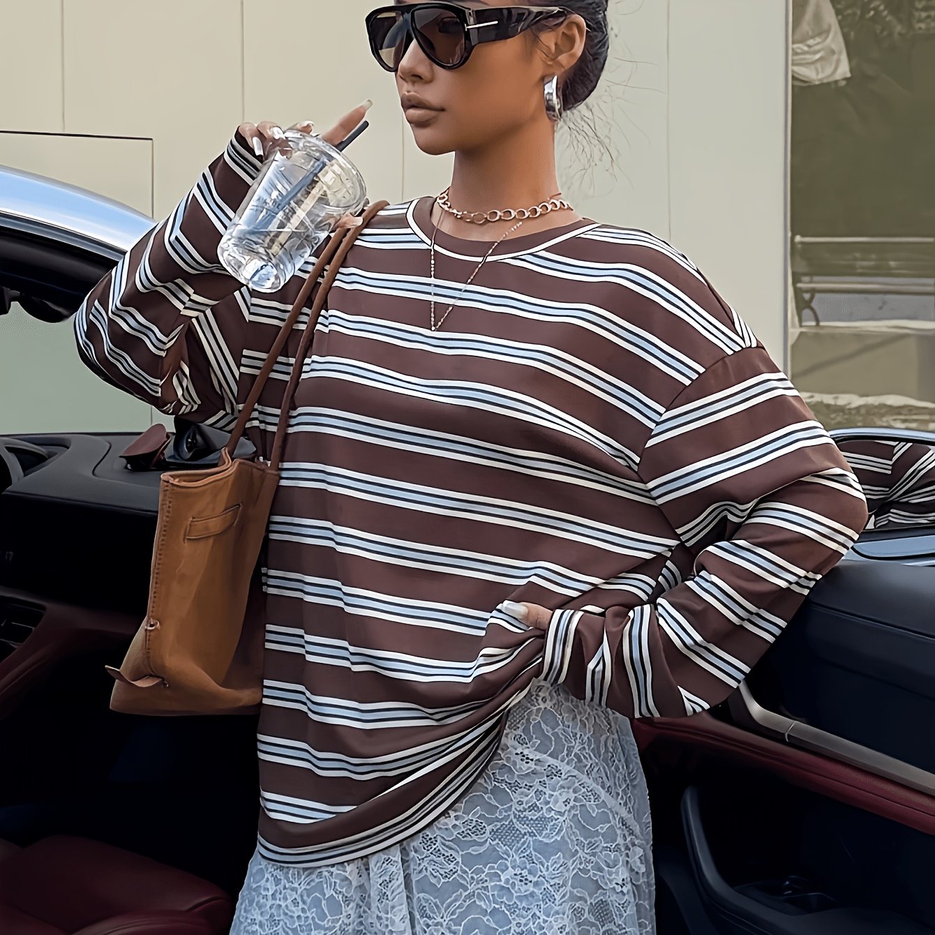 TEMU /white/blue Striped Oversized T-shirt - Loose Fit Drop Shoulder Long Sleeve Top Suitable For Slightly Fuller Figures, Machine Washable Layering