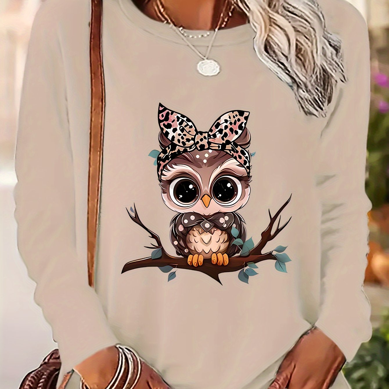 TEMU Ys260417565 Owl Leopard Print Bow Print Crew Neck Long Sleeve T-shirt