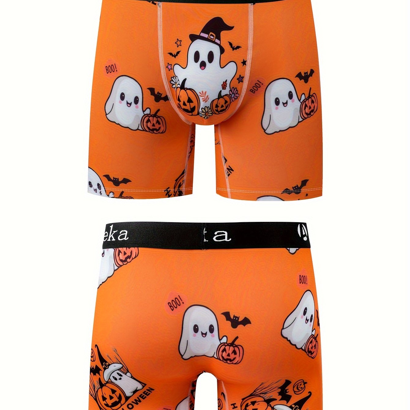 Image of Men's Breathable Mid-rise Boxers With Halloween Street Style Pumpkin Cartoon Letters