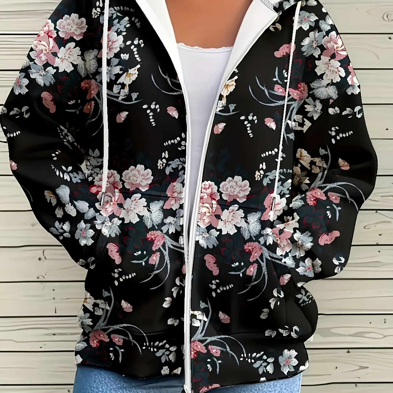TEMU New Women's Style, Floral Print Hoodie With A Zipper, Featuring Adjustable Drawstrings, Made From Stretchy Fabric, Machine Washable, Breathable