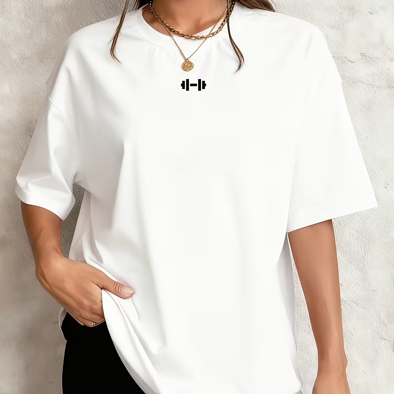 TEMU Women's Plus Size Oversized T-shirt - Short Sleeve Crew Neck Casual Top With Fitness & Gym Lettering Print, Non- Blouse-compatible For -body