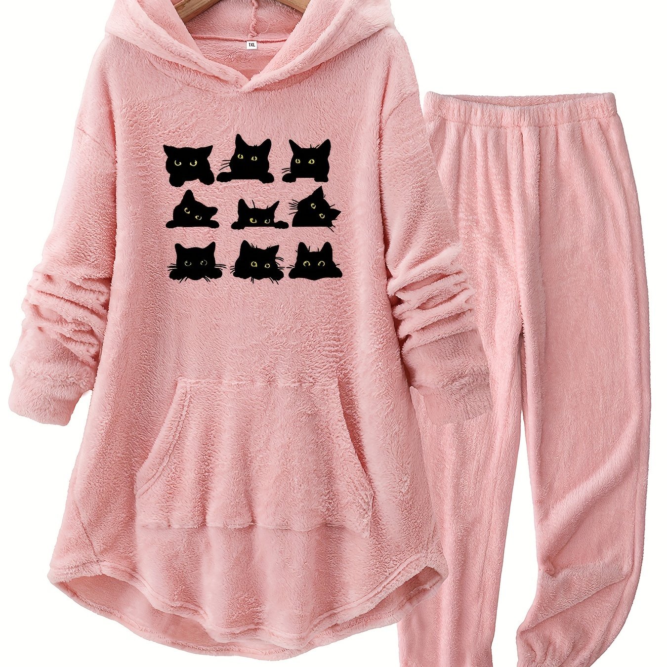 TEMU Plus Size - Plus Size - Plus-size Women's Black Cat Print Loungewear Set For Autumn And Winter, Made Of Thick Fleece