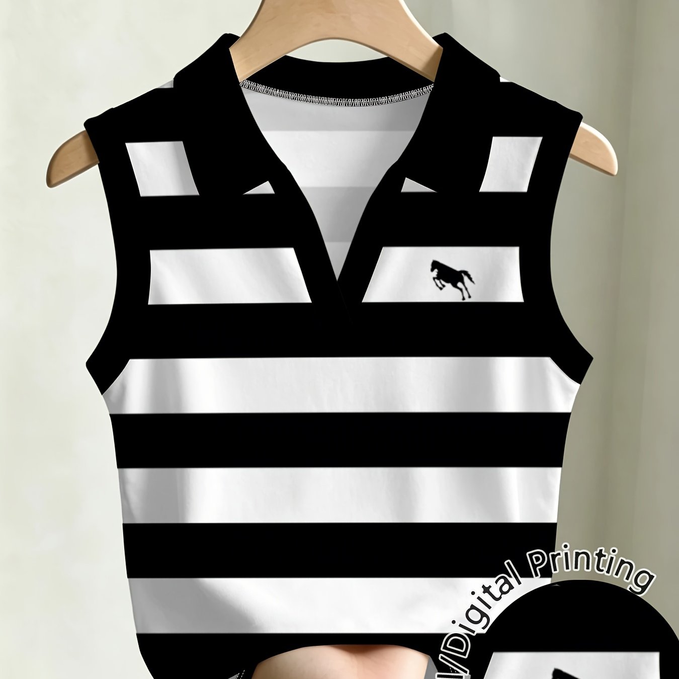 TEMU Débardeur court manches pour femme, coupe ajustée, à rayures noires et blanches avec imprimé cheval, élégant, polyvalent, tendance, nouveau pour