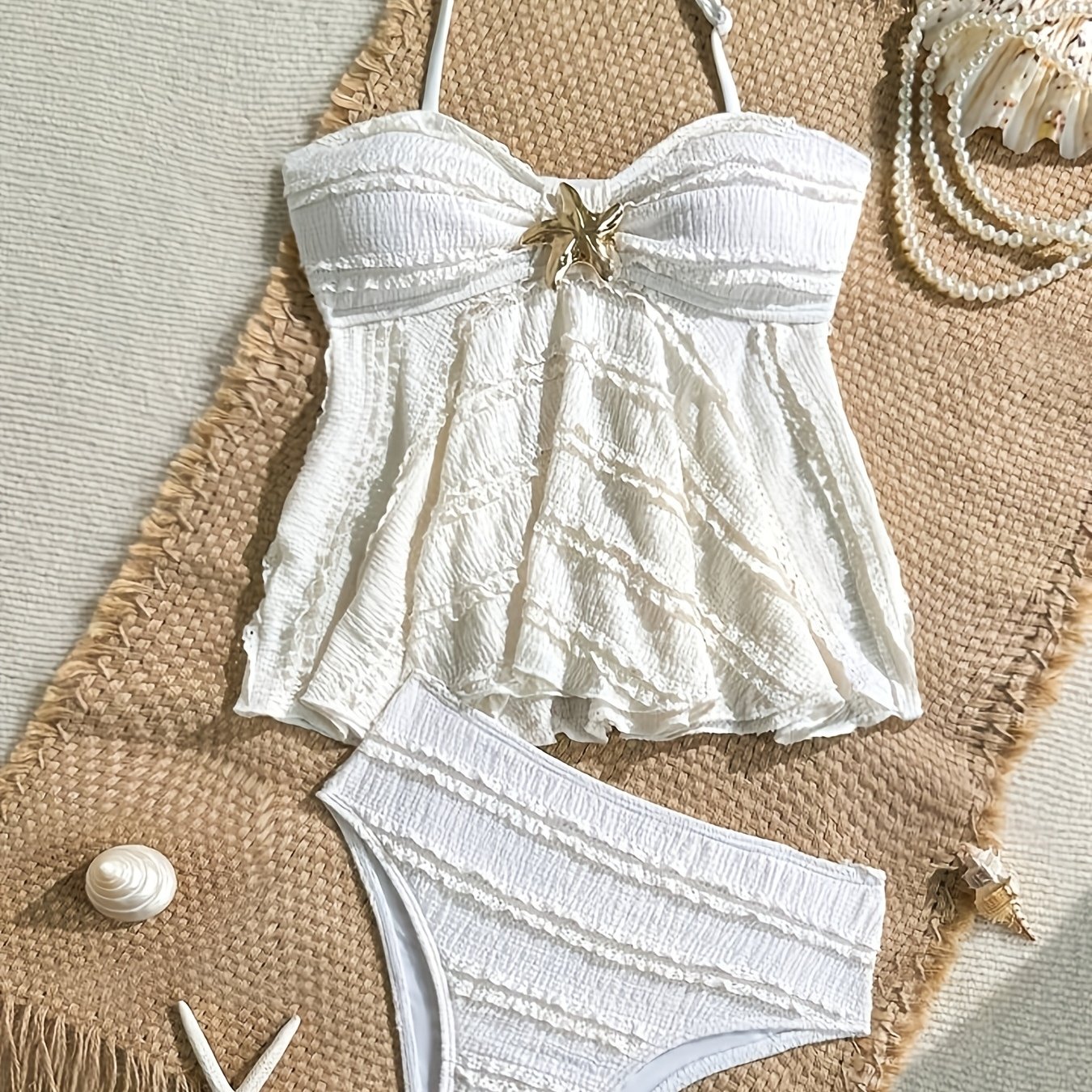 TEMU Children Ruffle Halter Split 2pcs Swim Outfit, Starfish Decorated Summer Beach & Pool Swimwear For Little Girls Swimming Pool