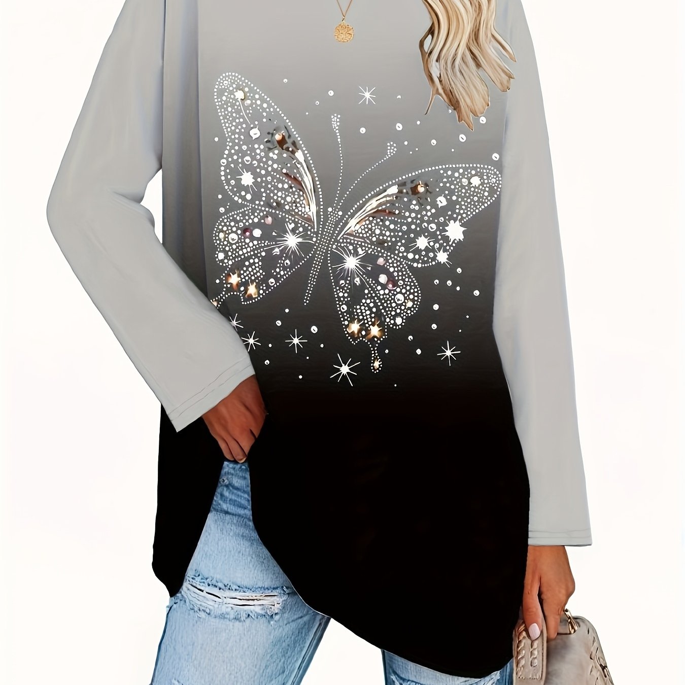 Image of Plus Size - Plus Size - Plus-size Women's Autumn And Winter Print Stylish Round-neck T-shirt Top