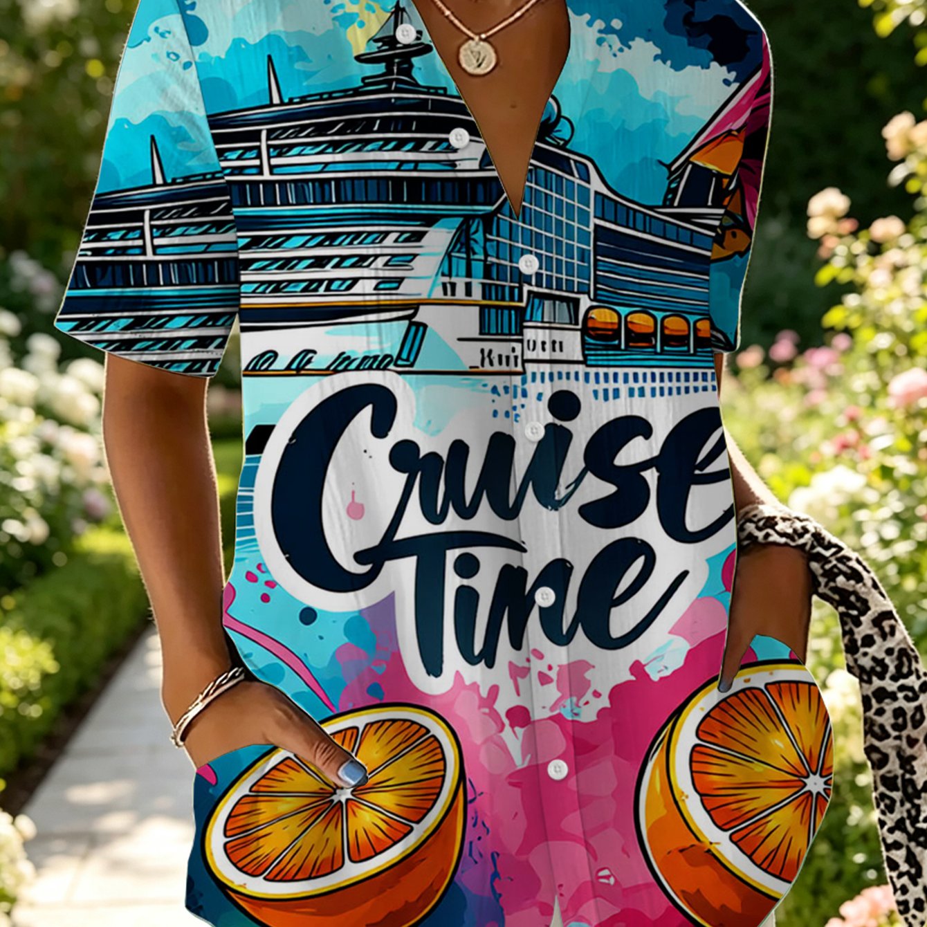 TEMU Women's Casual Fashion Simple Leisure Shirt, Cruise Orange Print Women's Shirt, Soft And Comfortable, Machine Washable, Suitable For Office And