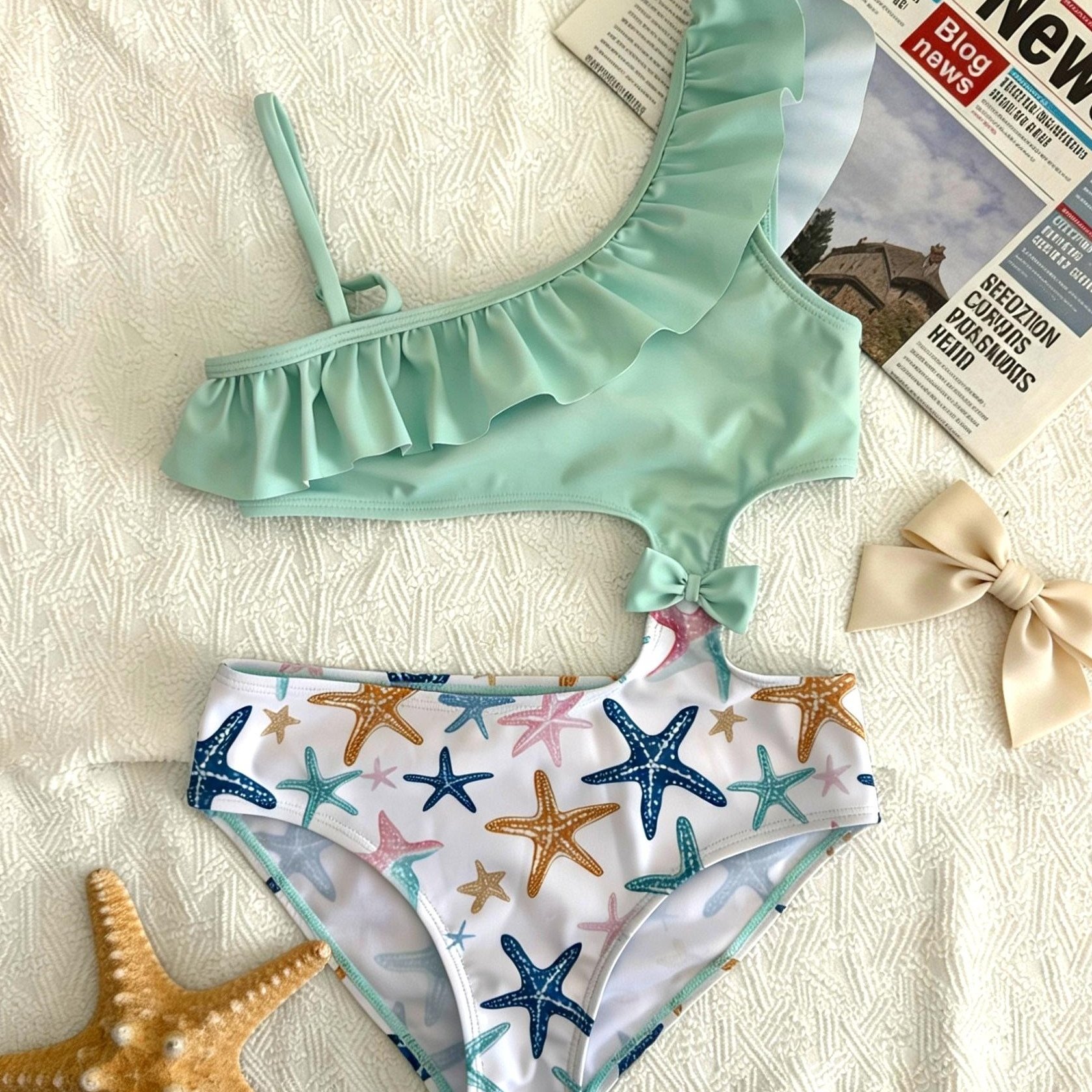 Image of Girl' Style 1pc Swimsuit With Asymmetrical Off-shoulder Flutter Sleeve Design, Ocean Starfish Pattern, Water Park Outfit Swimming Pool