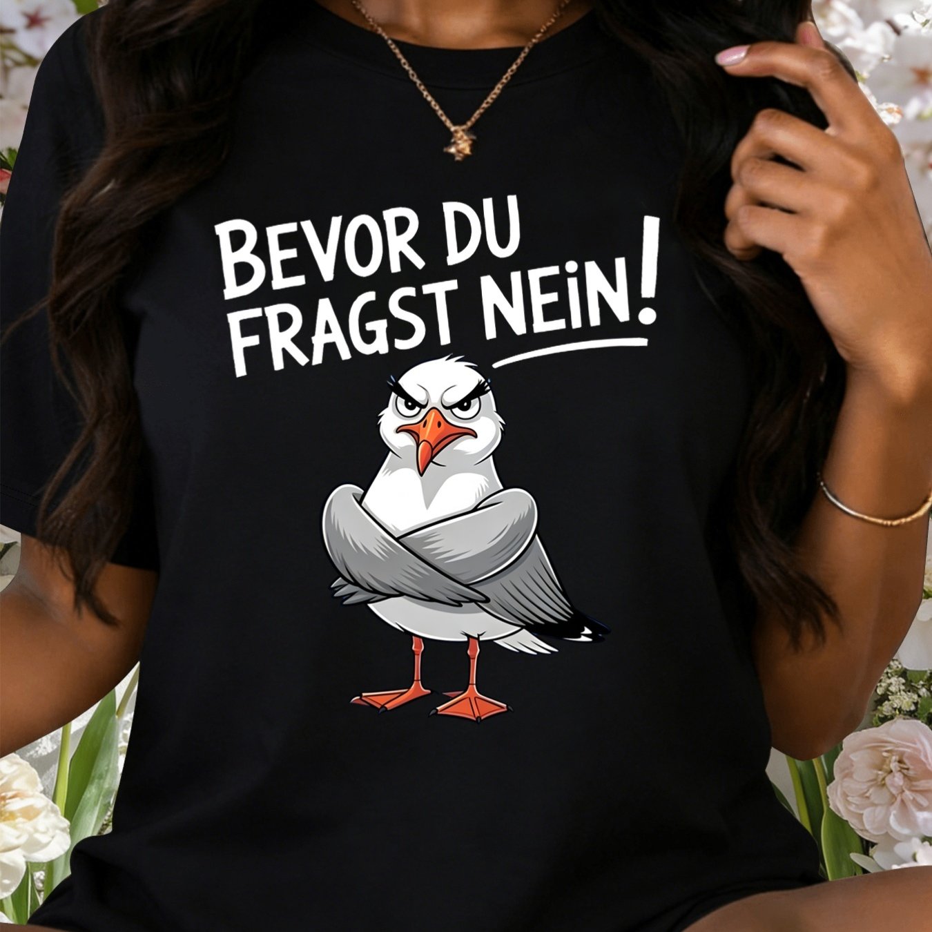 Image of Plus Size Women's Short T-shirt, German "before You Ask No!" With Angry Seagull Cartoon Pattern, Loose Fit, Soft, Skin-friendly And Breathable, Suitable For Daily Commuting, Casual , Pure T-shirt