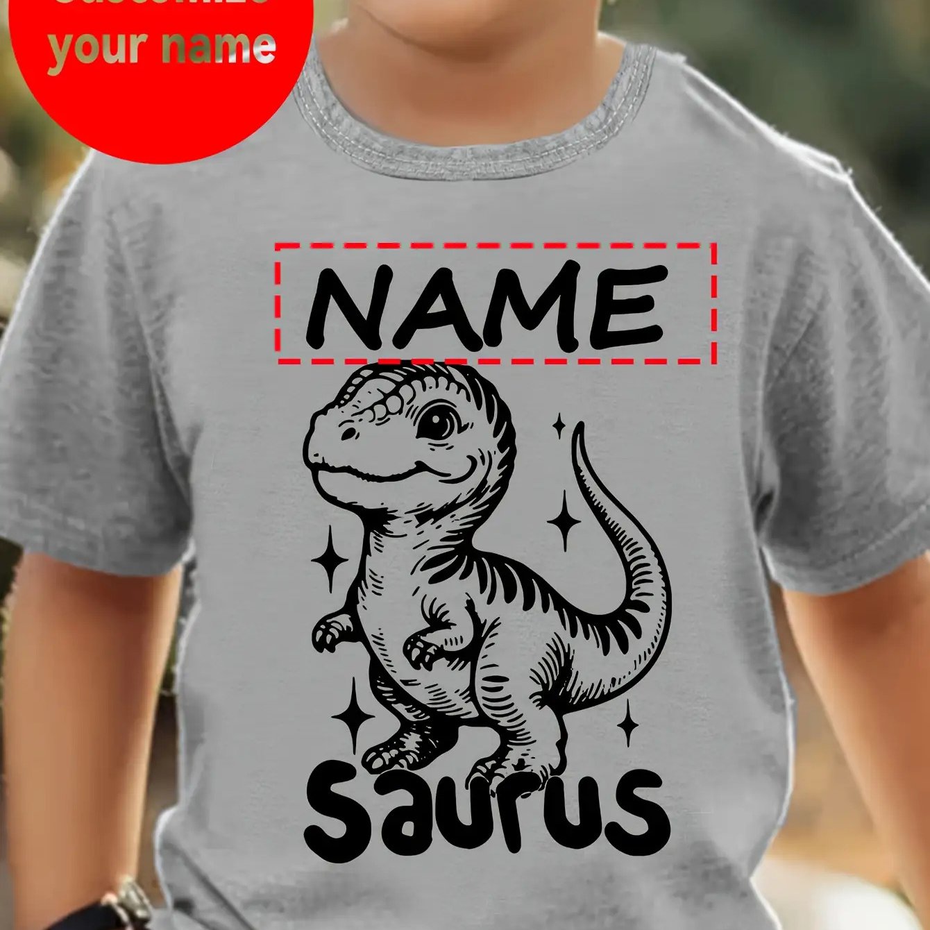 TEMU [custom Product] Boys' T-shirt With Name Customization, Cute Dinosaur Pattern Print, Easy Trendy Round Neck Outdoor Short Sleeve Homewear