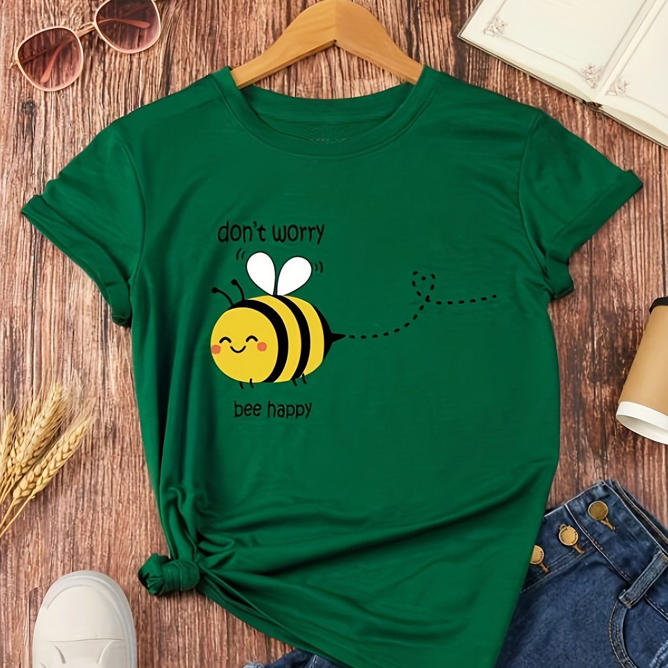 TEMU Camiseta Con Estampado De Abeja Linda, Camiseta Casual De Cuello Redondo De Manga Corta, Ropa De Mujer