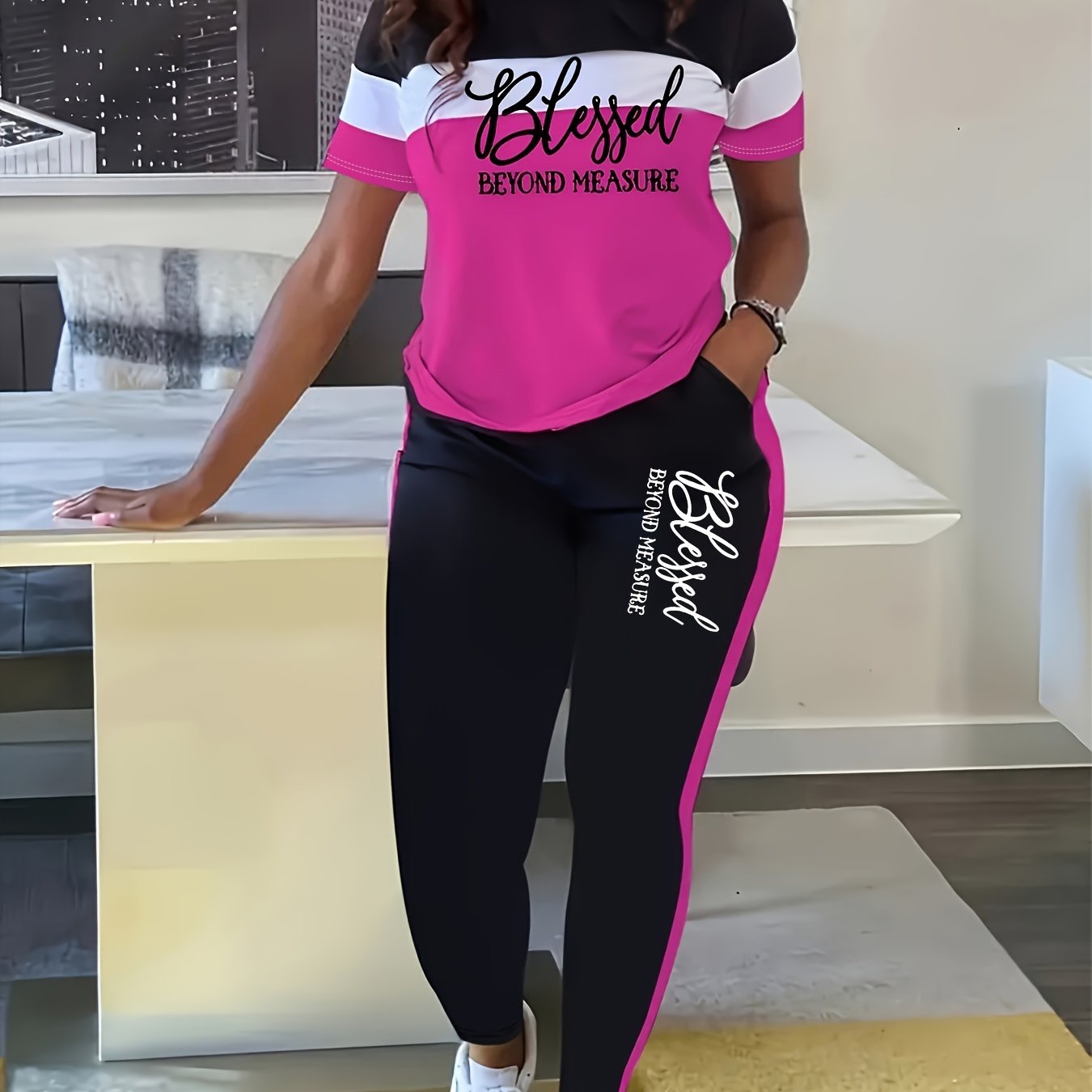 Image of Plus Size, Plus Size Women's 2pcs Set, Casual Color Round Neck Short Sleeve T-shirt And Pants Set, Pants With Pockets