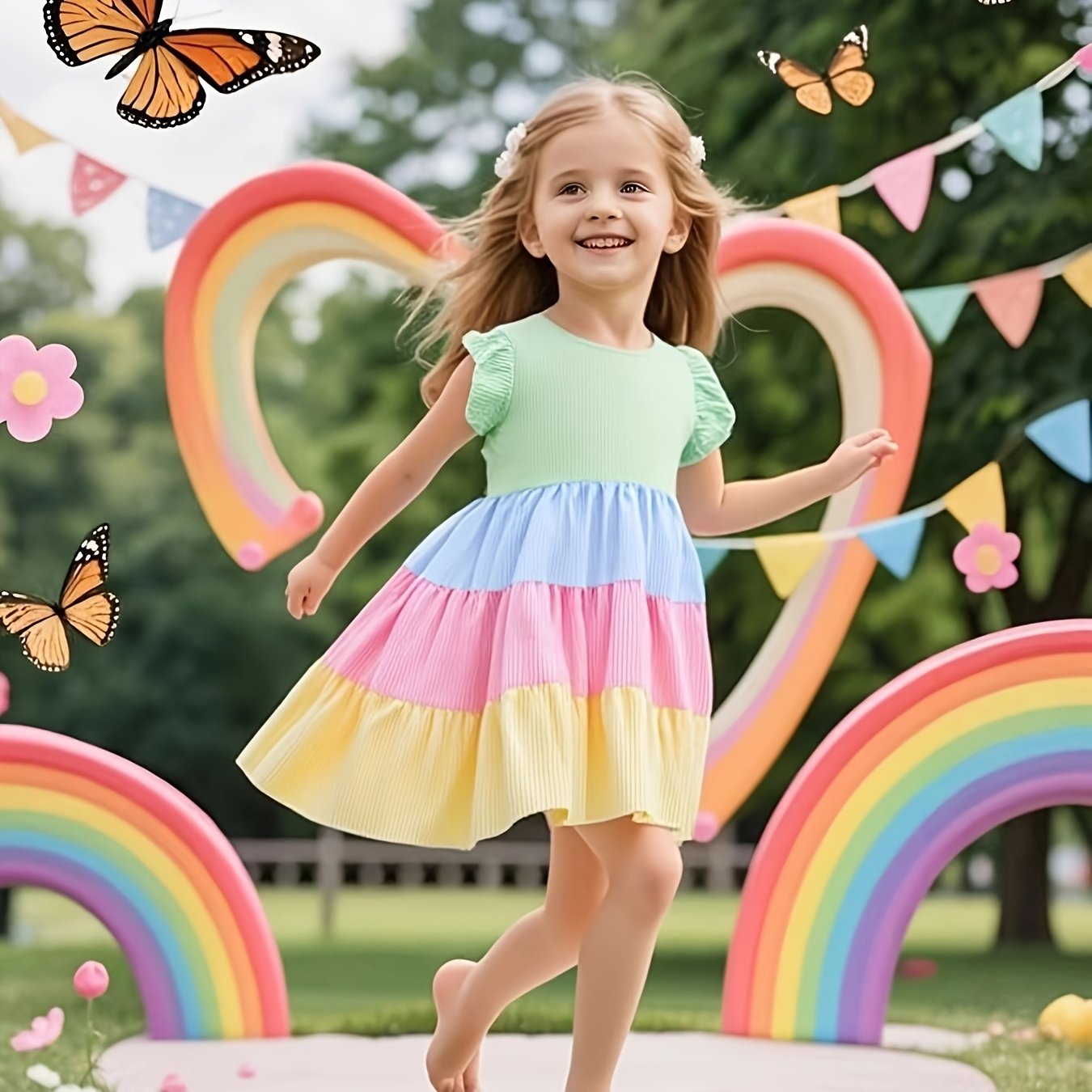 Girls' Color-block Striped Puff Sleeve Sleeve Summer Casual Dress, Summer Clothing