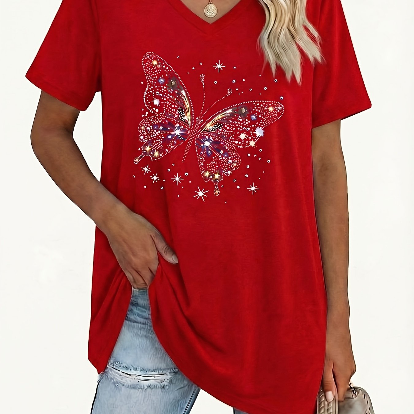 TEMU Plus Size Women's V-neck Geometric Pattern T-shirt