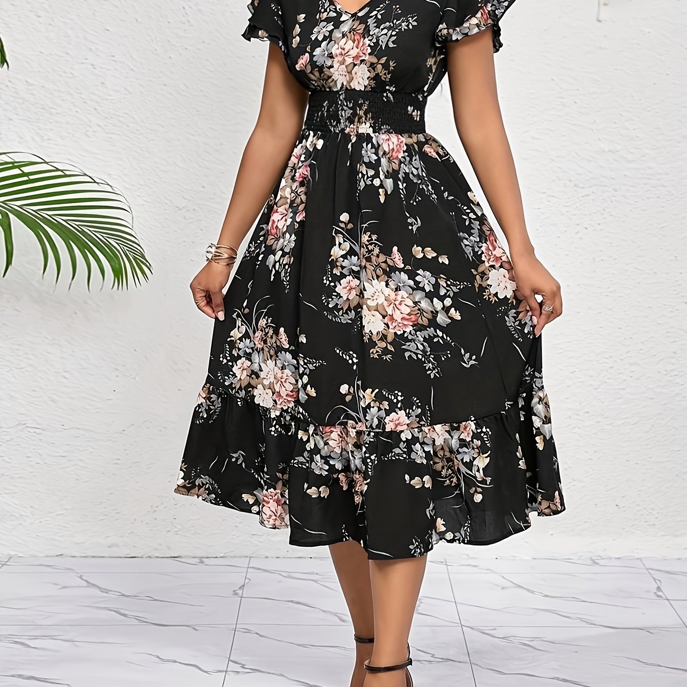 TEMU Women's Printed Waist Belt Midi Dress, Casual Elegant Party And Office Dress/birthday And Holiday Gown, Bohemian Style Sunny Dress